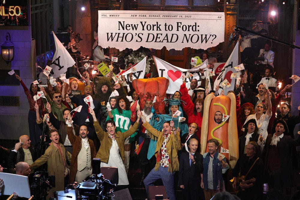 Saturday Night Live, SNL, NBC, Lorne Michaels, Steve Martin, Eddie Murphy, Paul McCartney, Tracy Morgan, Kristen Wiig, Maya Rudolph, Amy Poehler, Kate McKinnon, John Mulaney, Alec Baldwin, 50th anniversary, special, legacy, history, celebrity cameos, sketch revivals, self-congratulatory montages, awards show, drunk party, In Memoriam segment, offensive sketches, poorly aged sketches, nostalgia, youth relevance, Sabrina Carpenter, Bill Murray