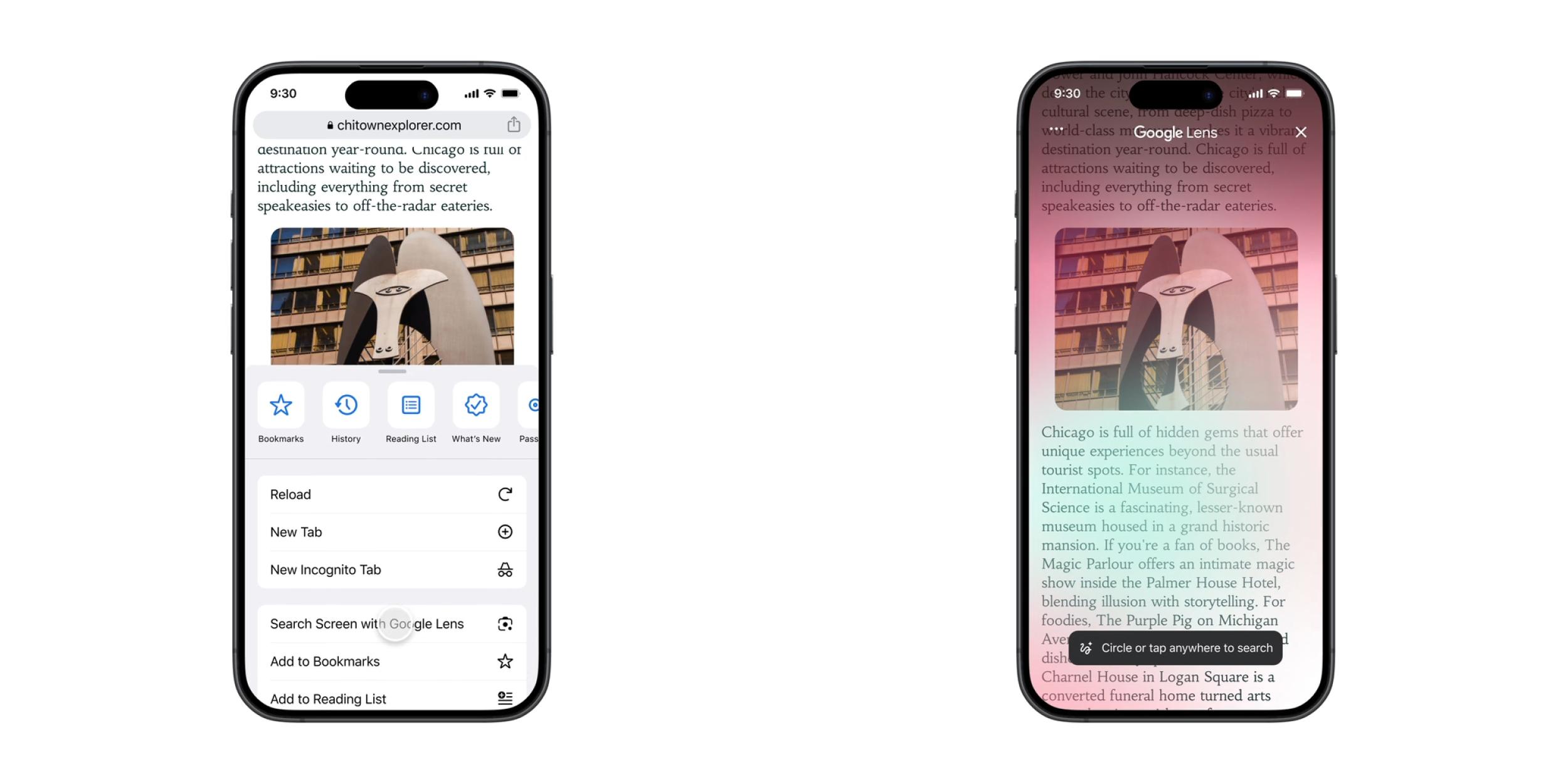 Google Lens, görsel arama, Chrome iOS, Screen Search, Google app iOS, AI Overviews, tekil görseller, gelişmiş AI modelleri, İngilizce dil kullanıcıları