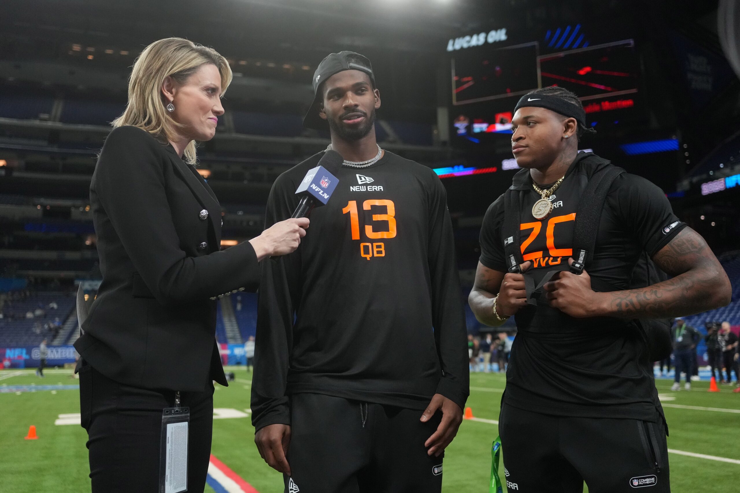 NFL, Scouting Combine, 2025 NFL Draft, Indianapolis, Lucas Oil Stadium, Abdul Carter, Travis Hunter, Cam Ward, Shedeur Sanders, Penn State, Colorado, Miami, Tennessee Titans, Cleveland Browns, New York Giants, Las Vegas Raiders, New York Jets, Mike Borgonzi, Texas, Isaiah Bond, Matthew Golden, Boise State, Ashton Jeanty, Virginia Tech, Bhayshul Tuten, Michigan, Mason Graham, Kenneth Grant, Will Johnson, Colston Loveland, J.J. McCarthy, Notre Dame, Riley Leonard, Kansas City Chiefs, Andy Reid, Travis Kelce, Trey Smith, Maryland, Tai Felton, Ohio State, Malik Nabers, Brian Thomas Jr., Ladd McConkey, Marvin Harrison Jr., Rome Odunze, TCU, Jack Bech, South Carolina, Nick Emmanwori, Baltimore Ravens, Kyle Hamilton, Los Angeles Rams, Matthew Stafford, Minnesota Vikings, Sam Darnold, Myles Garrett, Philadelphia Eagles, Howie Roseman, Green Bay Packers, San Francisco 49ers, Deebo Samuel, Washington Commanders, Cooper Kupp, Houston Texans, NFL Draft
