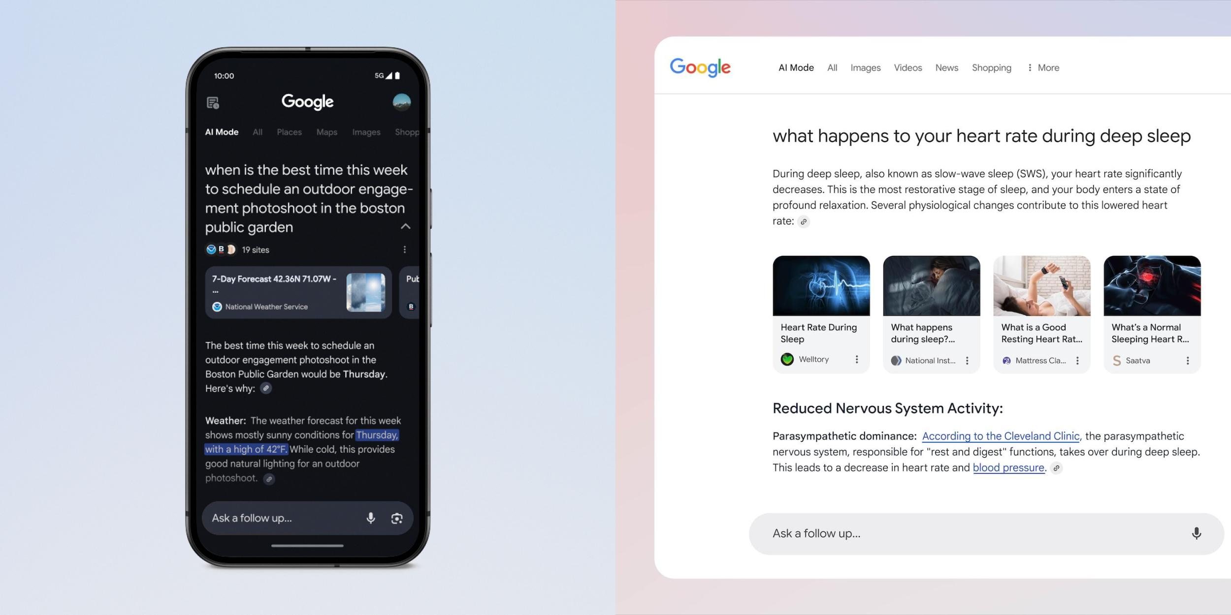 Google, Arama, AI Modu, Yapay Zeka, Gemini 2.0, Arama Labs, Google One AI Premium, Yapay Zeka Özetleri, Arama Motoru, Arama Sorguları, Çok Modlu, Doğal Dil İşleme, Makine Öğrenimi, Kullanıcı Testleri, Arama Sonuçları, Bilgi Grafiği, Alışveriş Grafiği, Gelişmiş Akıl Yürütme, Soru Fan-Out, Kaynak Doğrulama, Gerçek Zamanlı Bilgi, Takip Soruları, Resim Yükleme, Sesli Arama, Arama Geçmişi, Taşınan Kuşlar, Boston Halk Bahçesi, Dış Mekan Fotoğraf Çekimi, Akıllı Yüzük, Akıllı Saat, Uyku Takip Matı, Karşılaştırma Tablosu, Kalp Atış Hızı, Derin Uyku, On Mavi Bağlantı, Satır İçi Kaynaklar, Yan Kart, Zengin Bağlantı Karuseli, Güç Kullanıcılar, Kodlama, İleri Matematik, Küresel Genişleme, Ücretsiz Arama