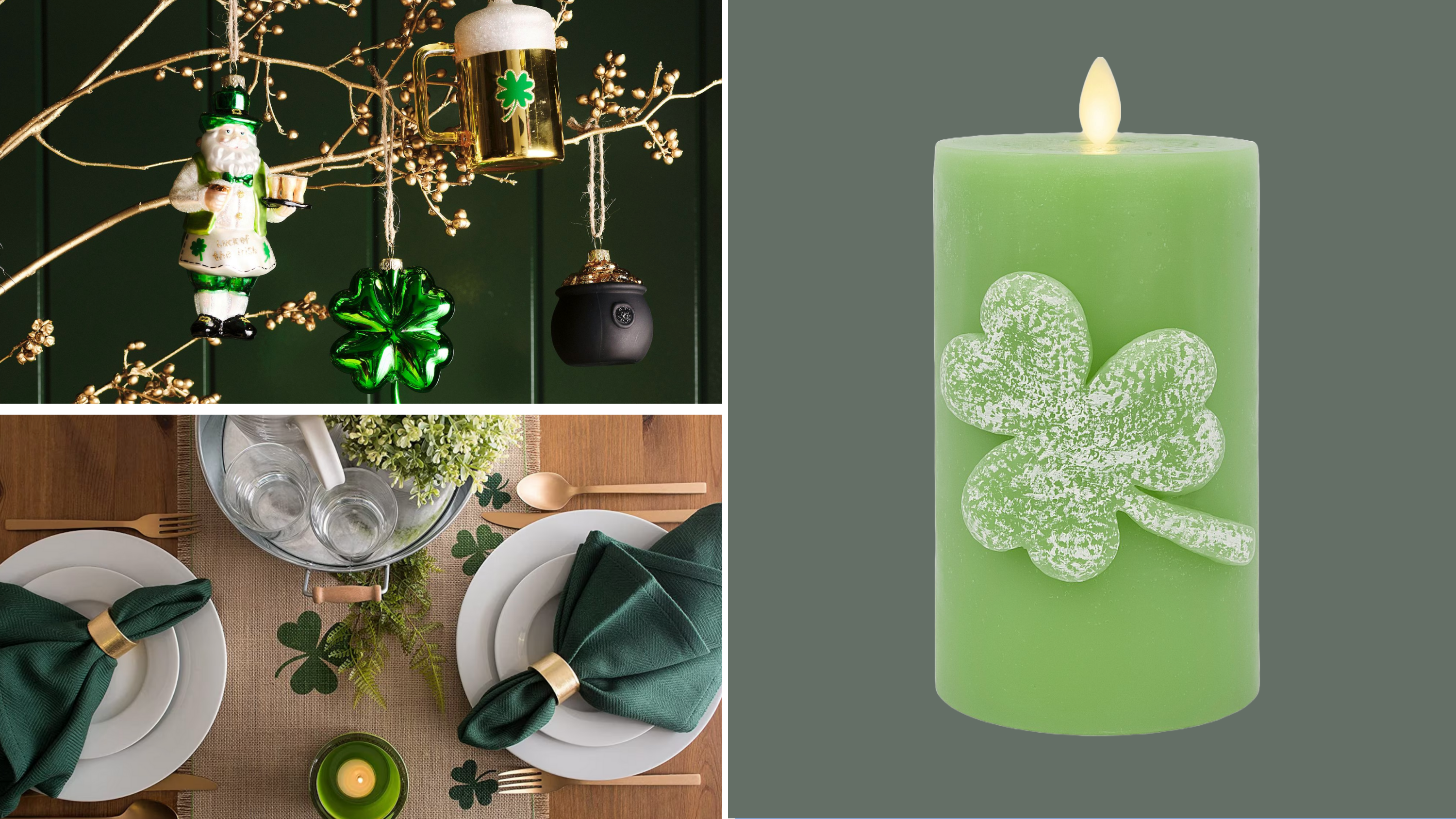 St. Patrick's Day, St. Paddy's Day, Irish decorations, St. Patrick's Day decorations, shamrock decor, four leaf clover, gold coins, Irish party, St. Patrick's Day 2025, home party, Irish culture, holiday decor, Anthropologie, Pottery Barn, Amazon, ornaments, shamrock candle, shamrock plates, checkered blanket, shamrock wreath, faux gold coins, Icon glass, shamrock garland, table runner, photo backdrop, Feast of Saint Patrick, Irish tradition, ev dekorasyonu, İrlanda kültürü, Aziz Patrick Günü
