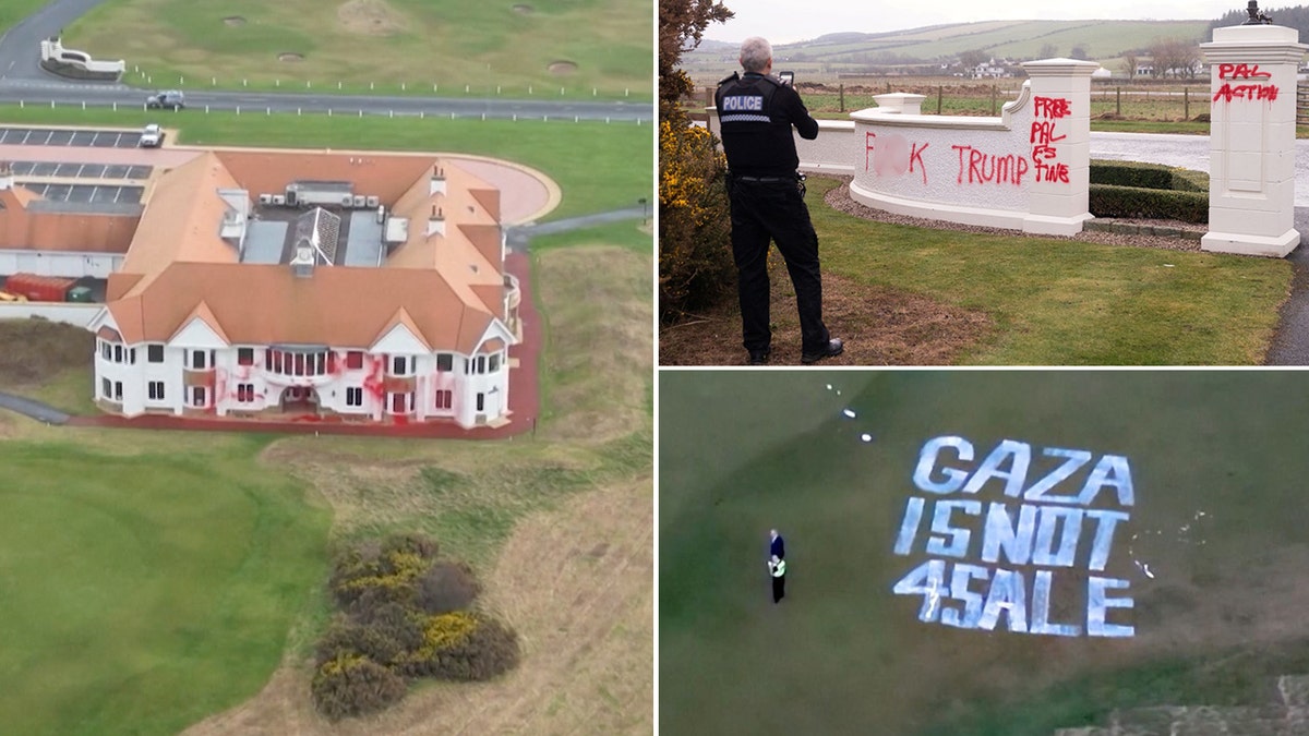 Donald Trump, Turnberry golf resort, İskoçya, Filistin yanlısı aktivistler, vandalizm, Gazze, İsrail, Filistin, Palestine Action, Gazze Planı, golf sahası, Alisa Course, Trump Organizasyonu, Trump International Scotland, Polis İskoçya, Big Ben, Elizabeth Tower, Londra, protesto

