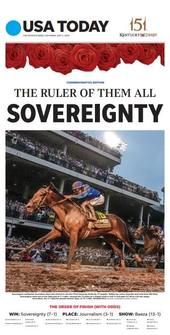 Kentucky Derby, Sovereignty, USA TODAY, gazete baskısı, at yarışı, hatıra, Junior Alvarado, Bill Mott, Journalism, Baez, 151. Kentucky Derby, spor hatırası, koleksiyon, at yarışı tarihi, Gene Myers, Florida Gators, CHOMP-IONS!, kitap önerisi
