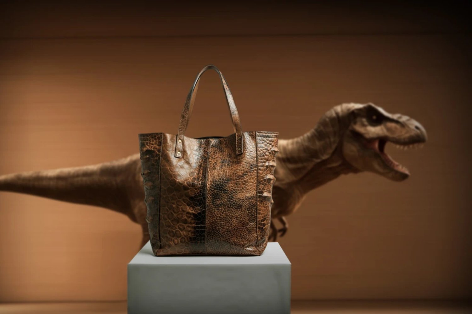 T-Rex derisi, laboratuvar üretimi deri, biyoteknoloji, lüks deri alternatifi, Lab-Grown Leather Ltd., The Organoid Company, VML, kolajen, dinozor DNA'sı, sürdürülebilir deri, sentetik biyoloji, Christina Agapakis, Mary Higby Schweitzer, soyu tükenmiş hayvanlar, Colossal Biosciences, dire kurtları, genetik mühendislik, bilimsel iddialar, çevre dostu deri, vegan deri, moda aksesuarları, otomotiv endüstrisi, deri üretimi, paleontoloji, dinozor kolajeni, yapay zeka, doku mühendisliği, Tyrannosaurus rex, lüks malzemeler
