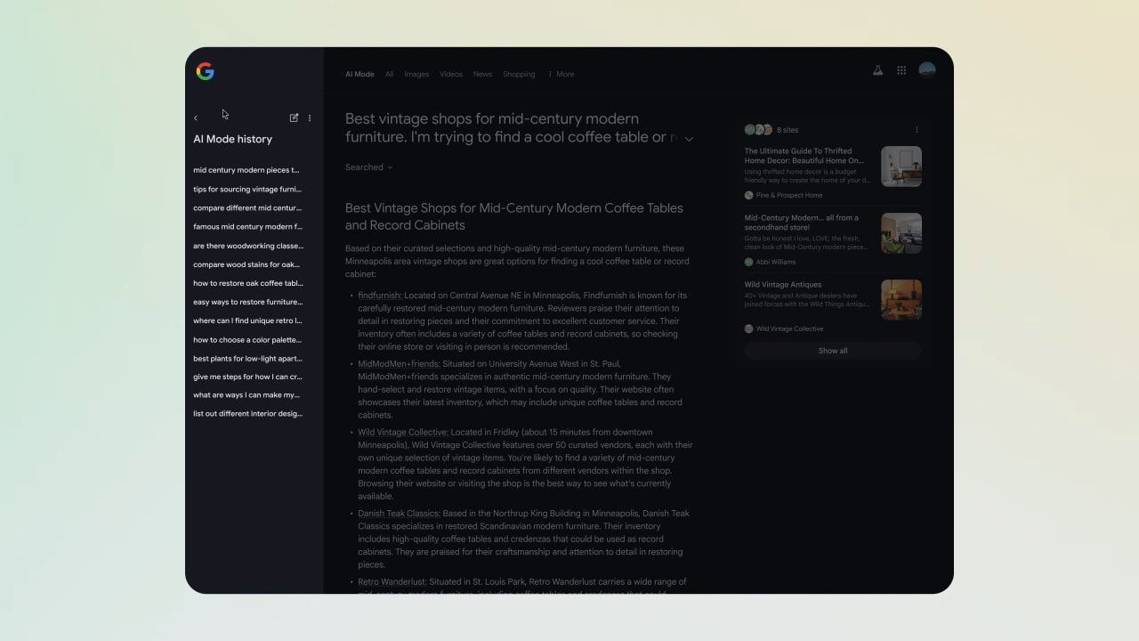 Google AI Mode, Yapay Zeka Arama, AI Destekli Arama, Google Lens, Alışveriş Grafiği, Ürün Karşılaştırma, Kamp Sandalyesi, AI Premium Abonelik, ABD, Arama Deneyleri, Google Labs, Yapay Zeka Filtresi, Mağaza Bilgileri, Restoran Bilgileri, Salon Bilgileri, Güncelleme, Android, iOS, Google One, Erken Erişim
