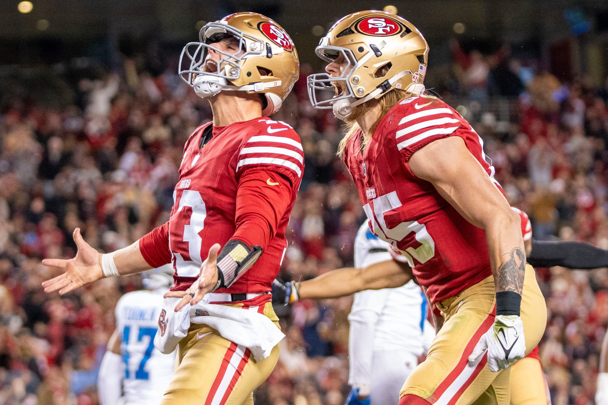 Brock Purdy, George Kittle, San Francisco 49ers, contract extension, NFL, quarterback, tight end, salary, negotiations, offseason, proven performance escalator, free agents, locker room, AAV, average annual value
