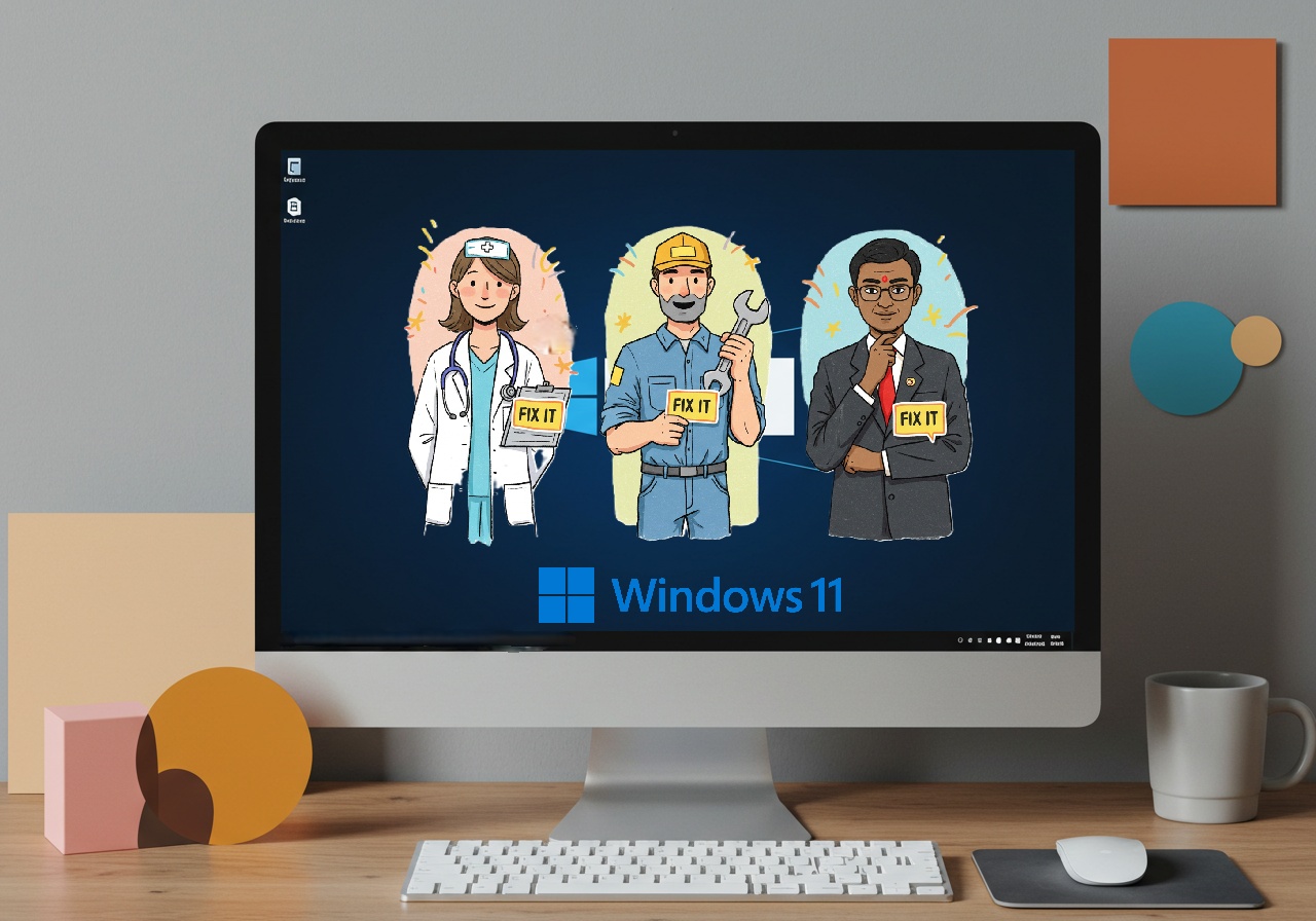 Windows AI, Copilot+ PC, Agentic AI, Windows 11, Ayarlar menüsü, PC sorun giderme, Ekran parlaklığı, Metin boyutu, Göz yorgunluğu, Karanlık mod, Sorunları düzelt, 