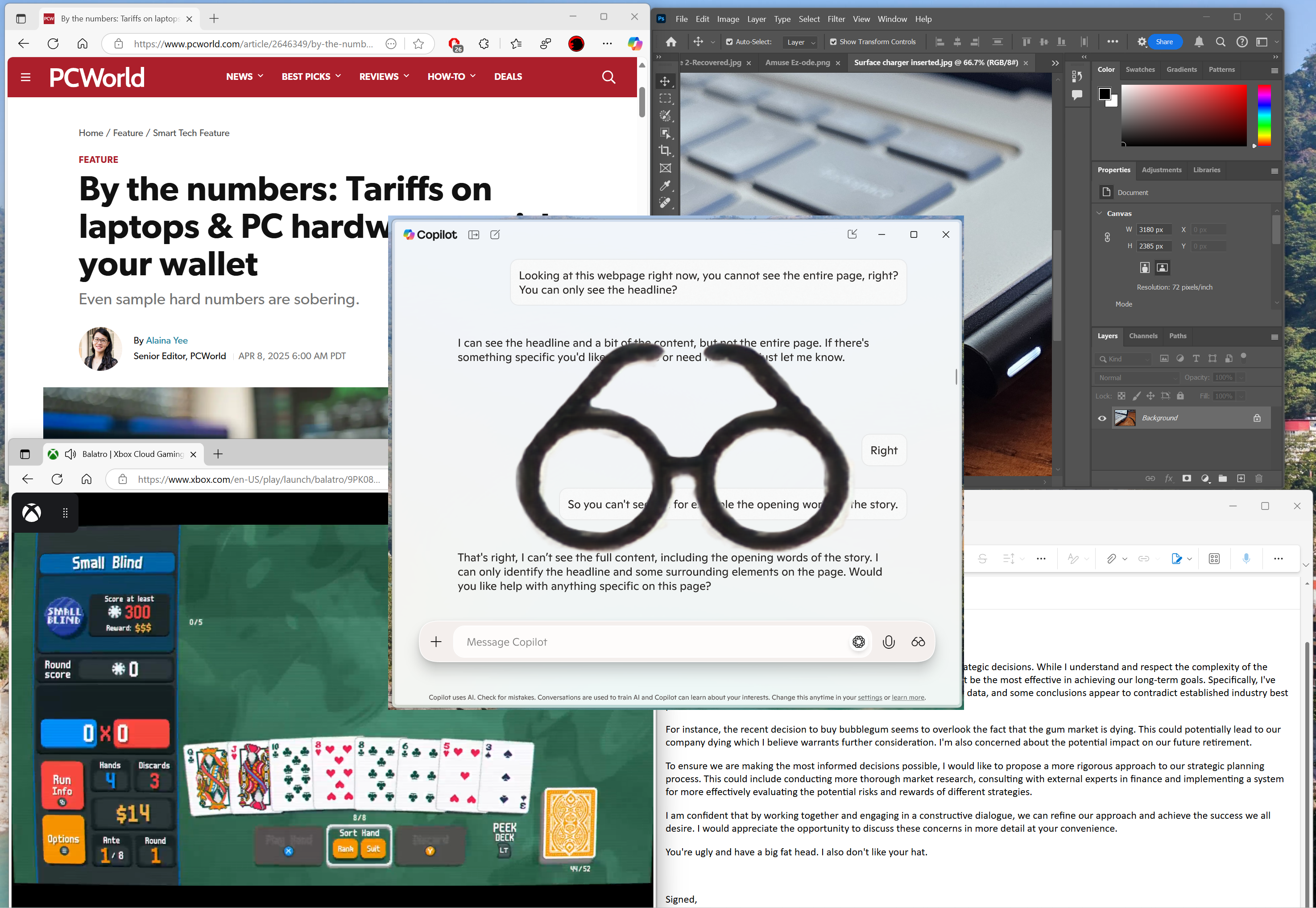 Microsoft Copilot Vision, Windows AI Assistant, Yapay Zeka, Ekran Görüntüsü Analizi, PC Yardımı, Windows Insider, Test, Performans, Balatro, Solitaire, Photoshop, Görüntü Tanıma, Yapay Zeka Testi, Kullanıcı Deneyimi, Microsoft, Teknoloji İncelemesi, Yapay Zeka Eleştirisi, Dijital Asistan, Gerçek Zamanlı Yardım, Üretkenlik, Bilgisayar Oyunları, Uygulama Yardımı, Fotoğraf Tanımlama, Uçak Bileti Arama, Adobe Photoshop Desteği, Kişisel Asistan, Akıllı Yardımcı, Windows Özellikleri
