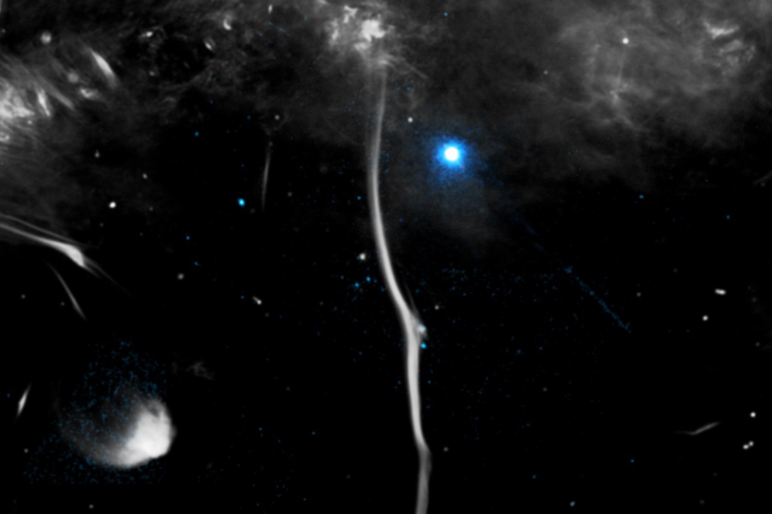 Göksel Filament, Samanyolu, G359.13, Yılan Nebulası, Nötron Yıldızı, Pulsar, X-ışını, Chandra Gözlemevi, MeerKAT Radyo Teleskobu, Manyetik Alan, Kırık, Astronomi, Astrofizik, Uzay, Galaksi, Radyo Dalgaları
