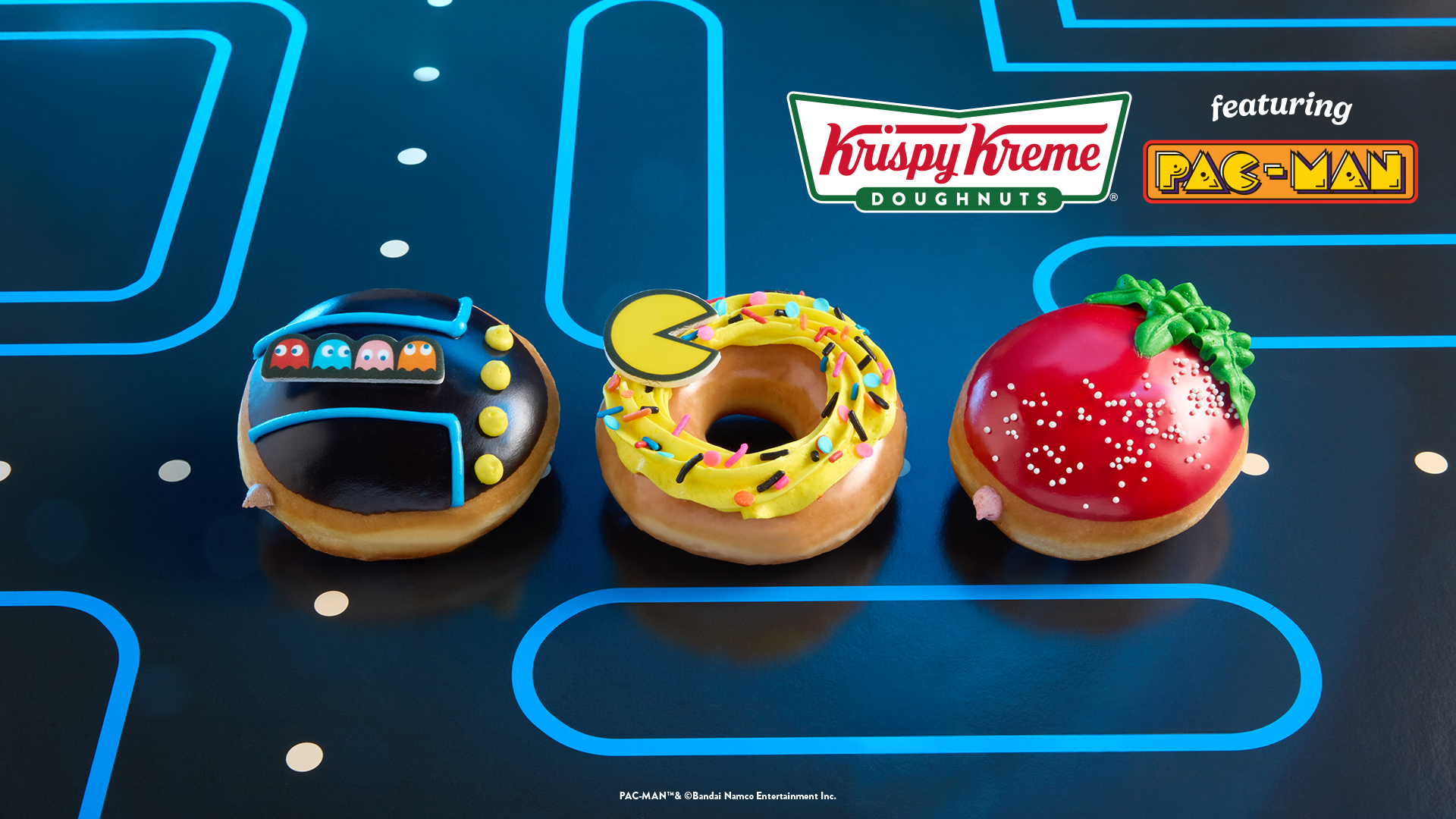 Krispy Kreme, Pac-Man, çörek, işbirliği, yıldönümü, promosyon, ücretsiz çörek, Original Glazed, lezzet, sınırlı sayıda, Bandai Namco, PAC-MAN Day, kampanya, indirim, tatlılar
