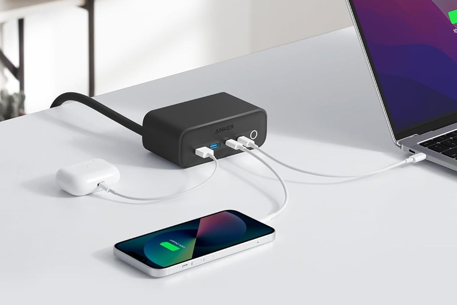 Anker USB-C şarj istasyonu, masaüstü şarj cihazı, hızlı şarj, çoklu portlu şarj, USB-A, USB-C, AC priz, indirim, kampanya, Amazon, ActiveShield 2.0, MacBook Pro, şarj aleti, telefon şarjı, tablet şarjı, laptop şarjı, kablo yönetimi, düzenli masa, teknoloji, cihaz şarjı, şarj çözümü, 65W şarj, 90W şarj, Samsung, JBL, Apple Watch
